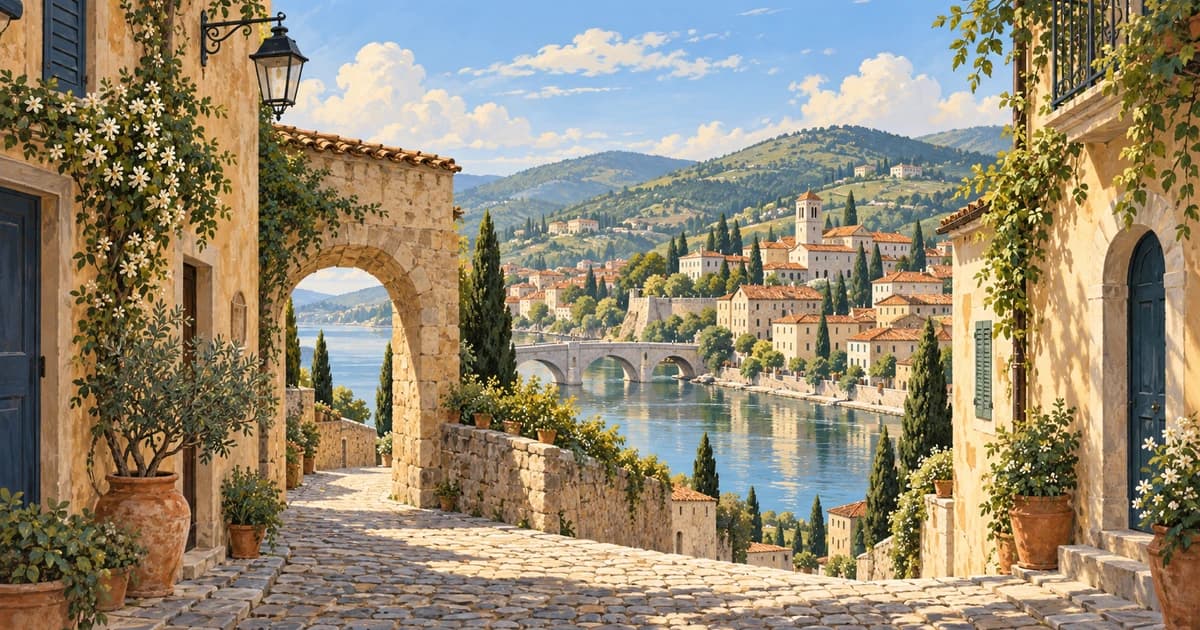 Illustrated European riverside town seen through a sunlit stone archway