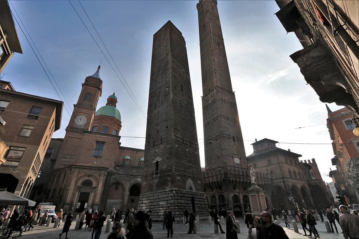 The Two Towers of Bologna, photographed before the present access restrictions