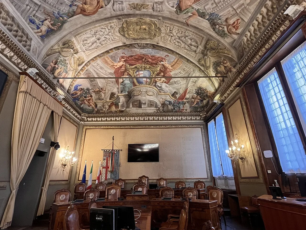 Decorated council chamber inside Palazzo d’Accursio, Bologna