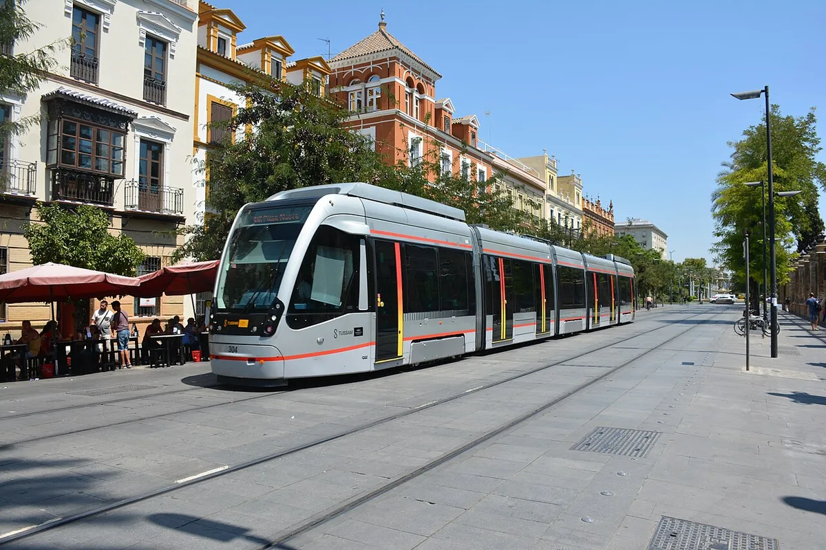 TUSSAM MetroCentro tram on Avenida de la Constitución, a separate service from Metro Line 1