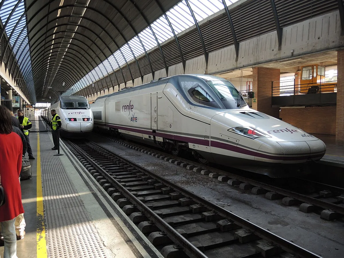 Renfe AVE trains at the covered platforms of Sevilla-Santa Justa